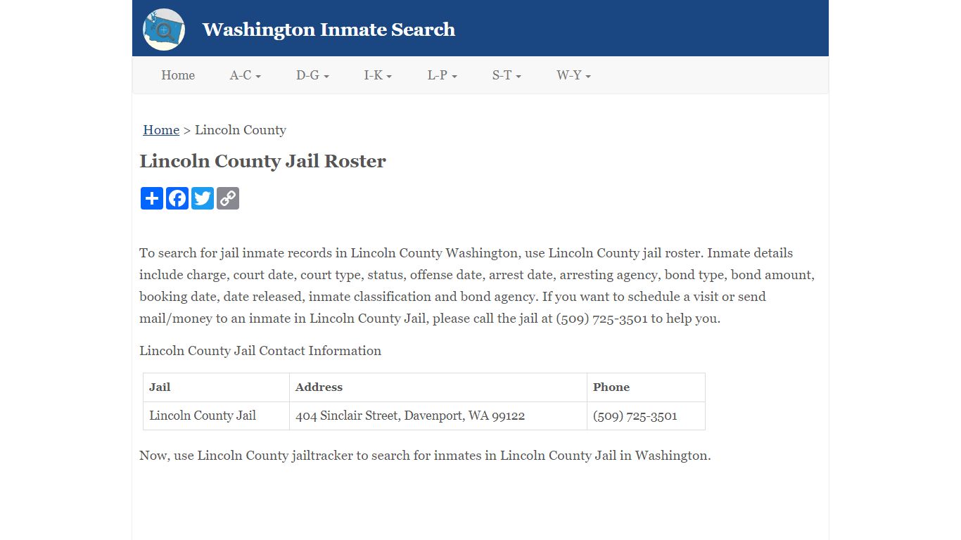 Lincoln County Jail Roster - Washington Inmate Search