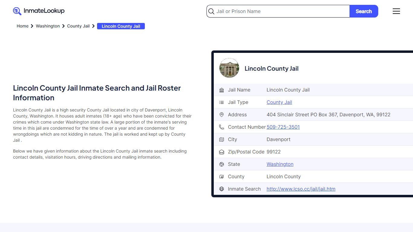Lincoln County Jail Inmate Search - Davenport Washington - Inmate Lookup